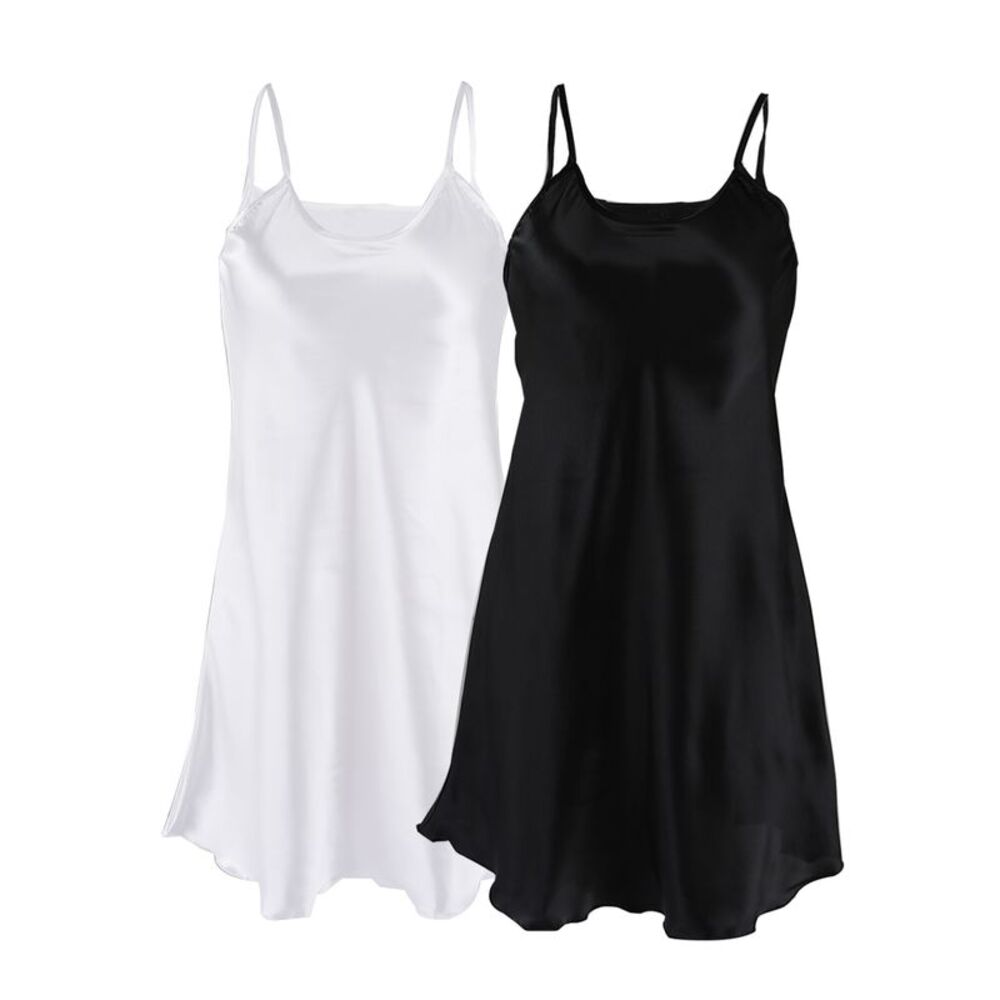 Sleepwear Full Slip Lotus Leaf Hem Dress Nightgown 2 Pcs Black+White